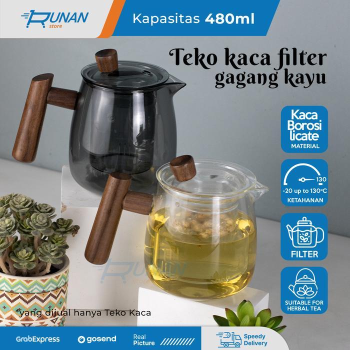 TEKO TEH KACA INFUSER TAHAN PANAS GAGANG KAYU TEKO SARINGAN TEH
