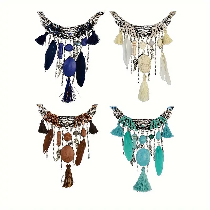 Vintage Ethnic Chic Turquoise Feather Pendant Necklace for Women Indian Tribe Bohemian Rope