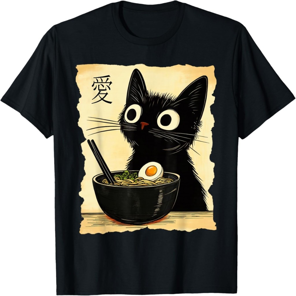Funny Cat Ramen Graphic Tee Japanese Kawaii Anime Cat T-Shirt