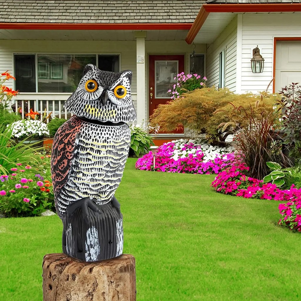 Fake Owl Decoy Plastic Owl Scarecrow Sculpture with Rotating Head and Sound for Garden Yard Bird