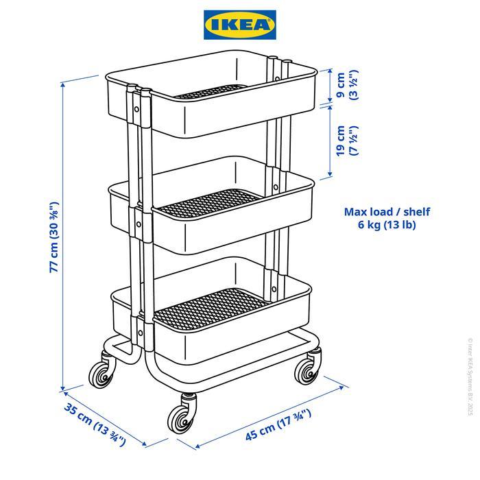 IKEA RASKOG Troli Dapur dengan 3 Rak Serbaguna Putih 35x45x78 cm