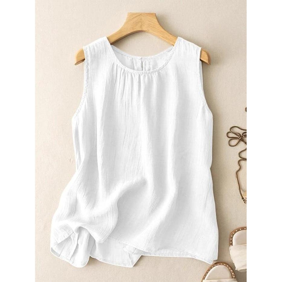 Blouse Tank Wanita Model Cringkle Tanpa Lengan Katun Garis Santai Nyaman Rompi Vintage Jumbo Panjang