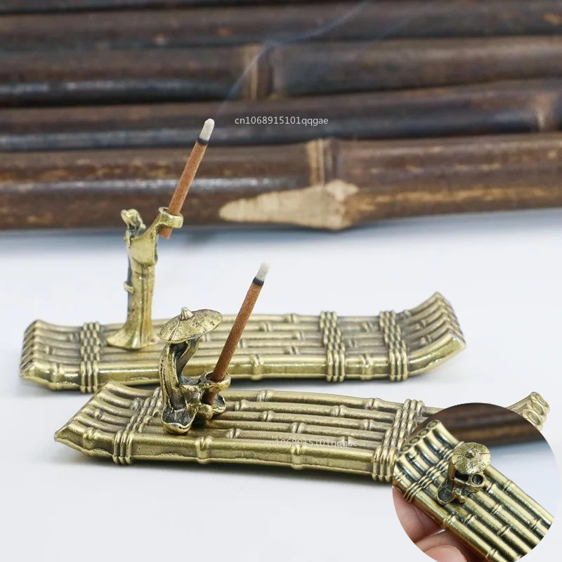 Vintage Bronze Small Incense Burners Ornaments Bamboo Raft Incense Base Incense Stick Holder Stand