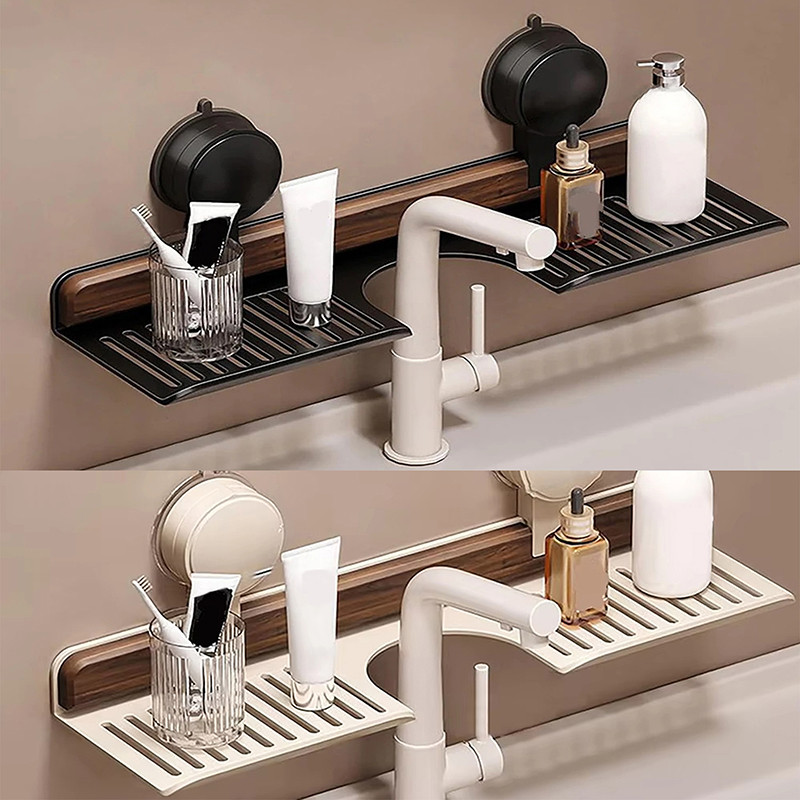 PLUM Walnut Suction Cup Bathroom Shelf No-Drill Removable Bathroom Organizer Shelf For Sink And