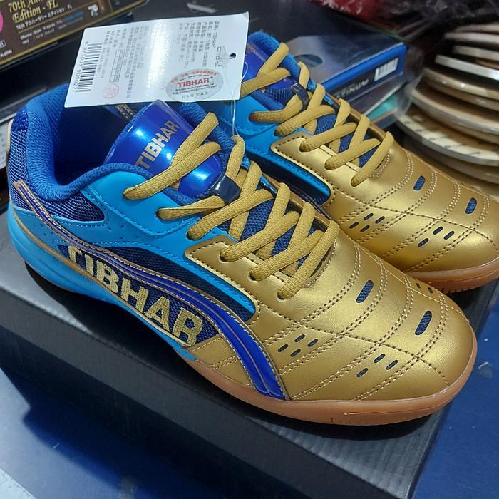 sepatu pingpong tibhar biru emas