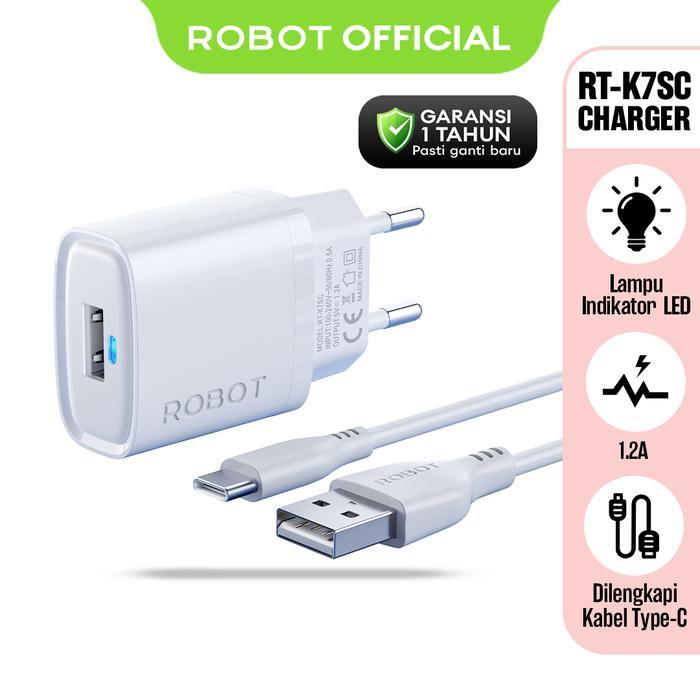 ASLI ROBOT Adaptor Kepala Charger 1.2A Lampu Indikator LED with Type-C Cable Adaptor Smart Phone