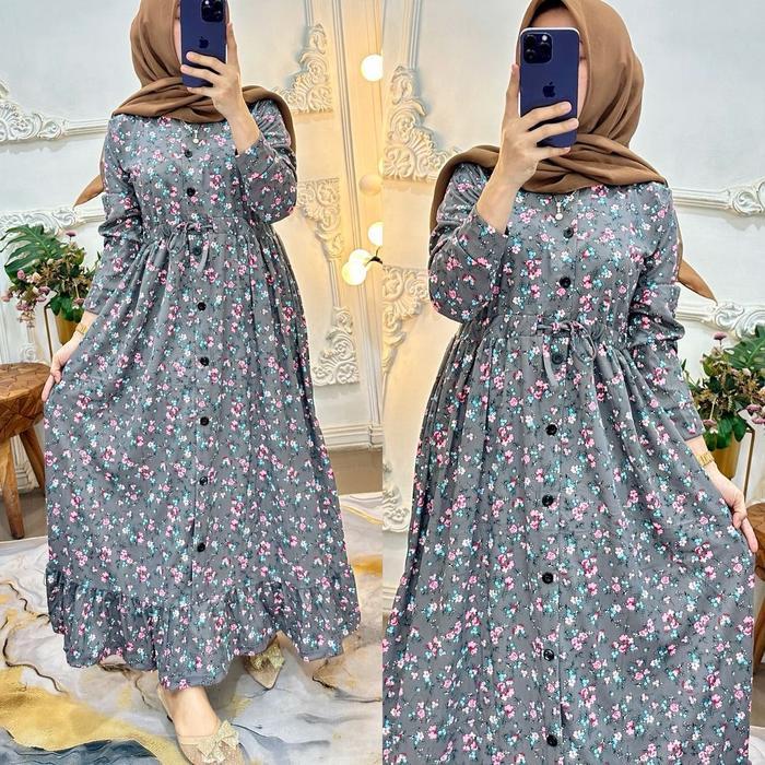 Gamis Serut Motif Kancing Muslimah Panjang Wanita Rempel Busui Dress Mewah Lebaran Pasti Diskon