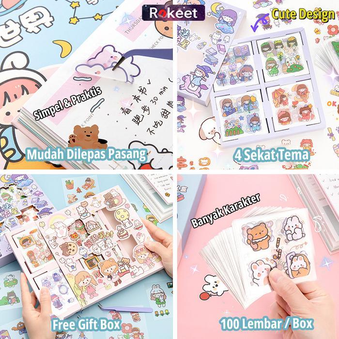 Rokeet Cute Sticker Gift Box Waterproof Isi 100 pcs Sticker Aesthetic Lucu
