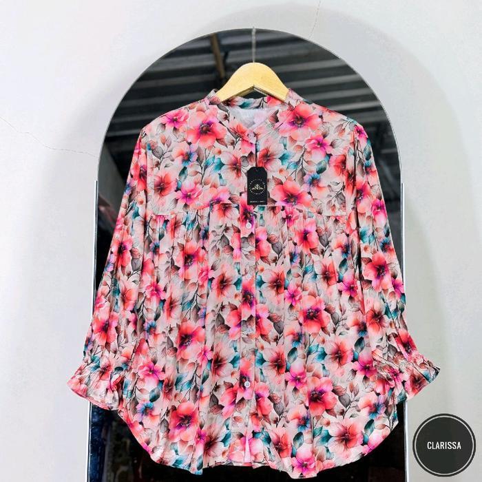 Sania Alisa Blues Kemeja Wanita Rayon Motif Bunga Elegan Dan Nyaman Untuk Tampilan Harian Pasti