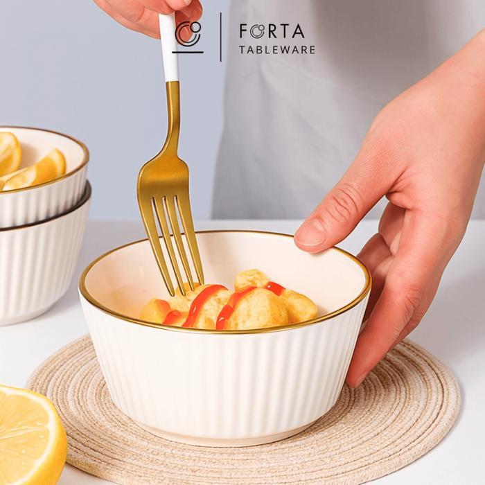 Piring Mangkok SET Garis List Gold Keramik Premium / Piring Saji Restoran Europeanstyle Elegan Mewah