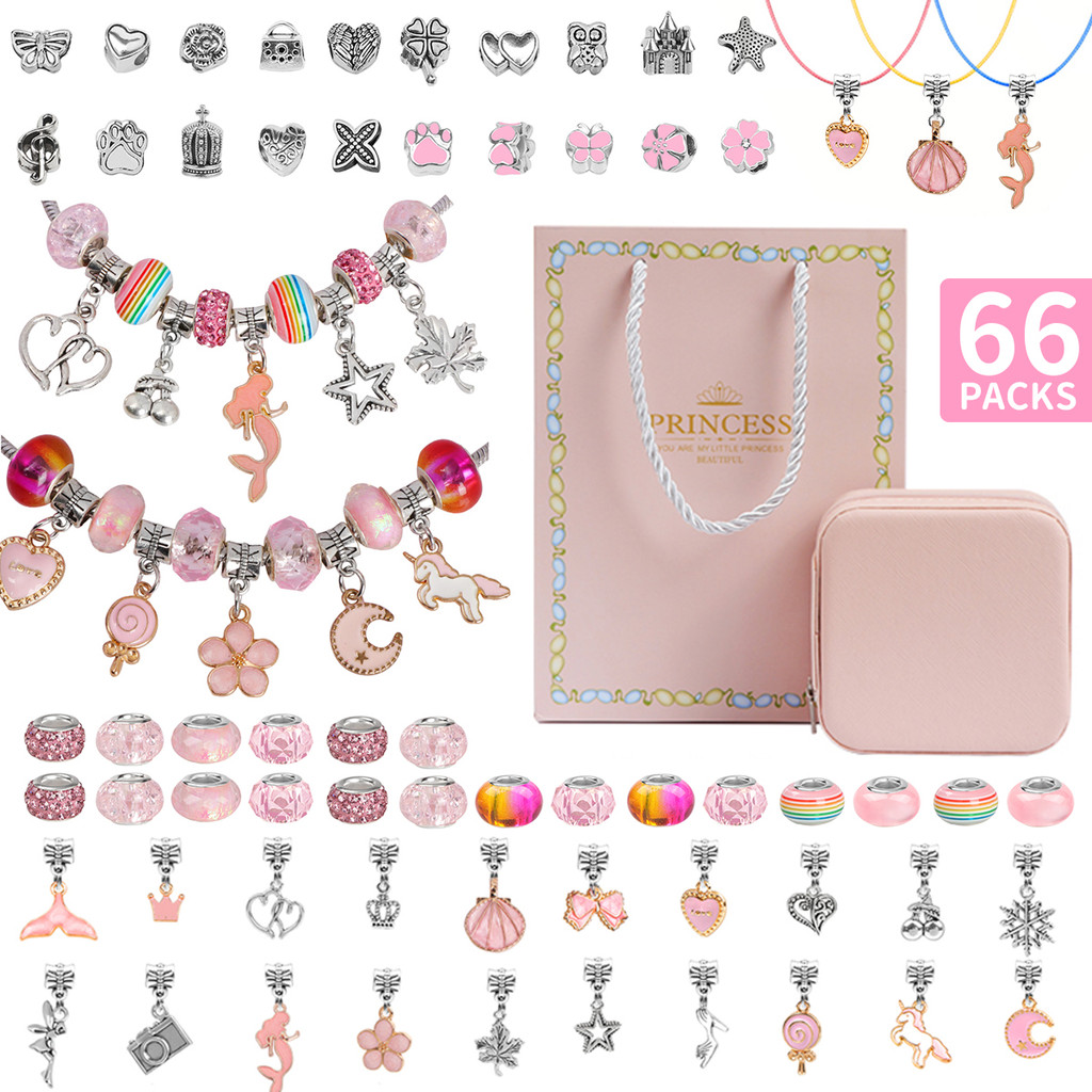 66Pcs Charm Bracelet Neckalce DIY Jewelry Making Kit For Girls, With Beads, Pendants, Snake Chains,