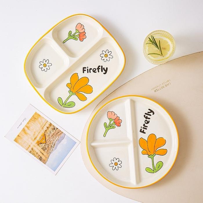 PIRING KERAMIK SEKAT TIGA 3 MOTIF BUNGA ALA KOREA / PIRING MAKAN PIRING DIET TAHAN PANAS