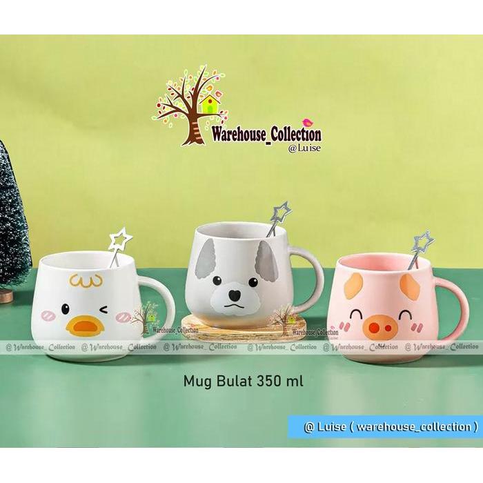 Mug Bulat Keramik/Mangkok bulat + sendok tanpa tutup /mug motif lucu/mug 400ml tanpa tutup/mangkok