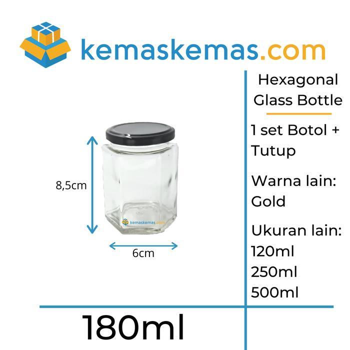 180ml Botol Kaca Hexagonal Segi Enam Toples Jar Kaca Madu + Tutup
