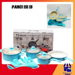 Panci Set Serbaguna Teflon Marble 13 Pcs Cookware Set Tutup Kaca