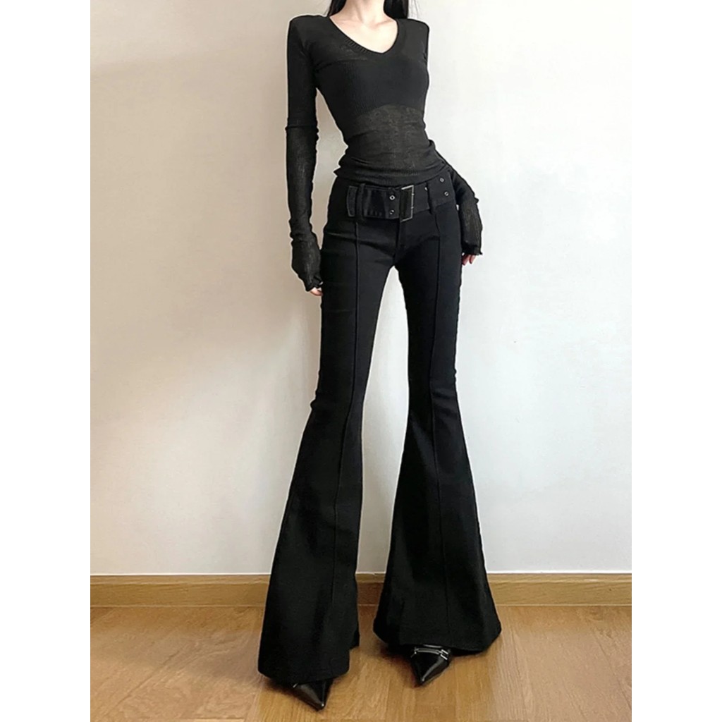 2025 Y2K Emo 2000S Women'S Black Flare Pants Streetwear Fashion Trousers Harajuku Wide Yoga Pants