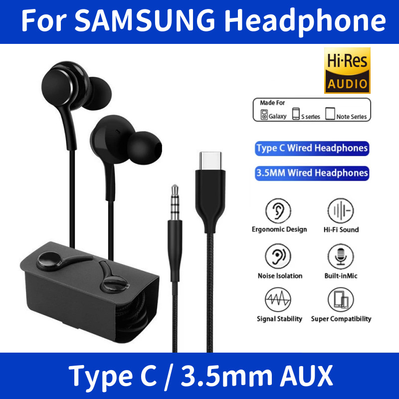 Original Type C Wired Headphones For Galaxy S25 S24 S23 S22 S21 Ultra 3.5Mm Aux Earbuds Note20 A54