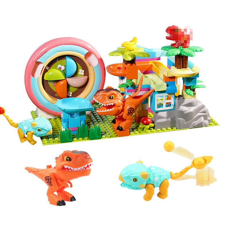 159PCS Catapult Dinosaur Marble Run Building Blocks Electric Rotate WIndwheel Compatible Big Rolling