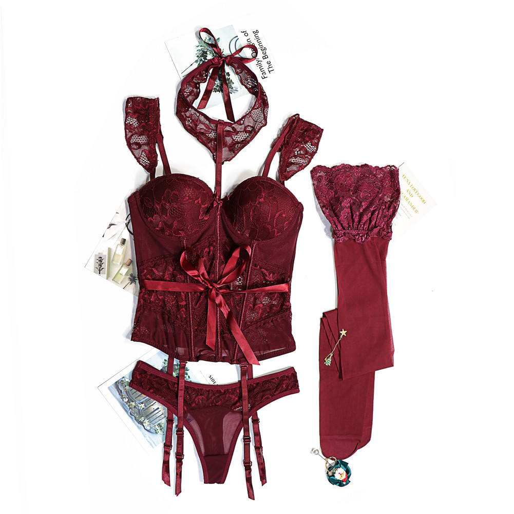 Varsbaby Lace Corset Body Shapewear Set Women Bustier With Suspenders Stockings Choker 4Pcs Body