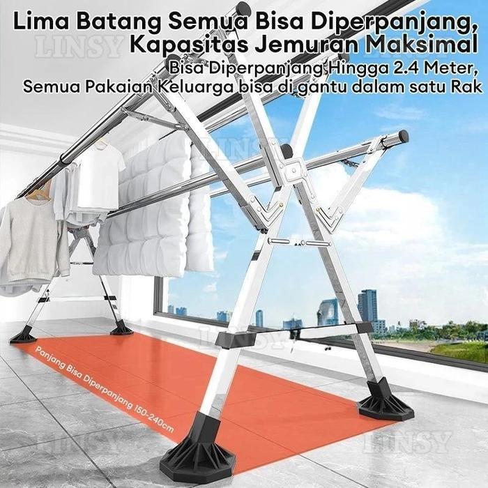 Jemuran Baju Lipat 5 Tiang Dengan Roda Jemuran Baju Lipat Stainless Steel Jemuran Pakaian Super