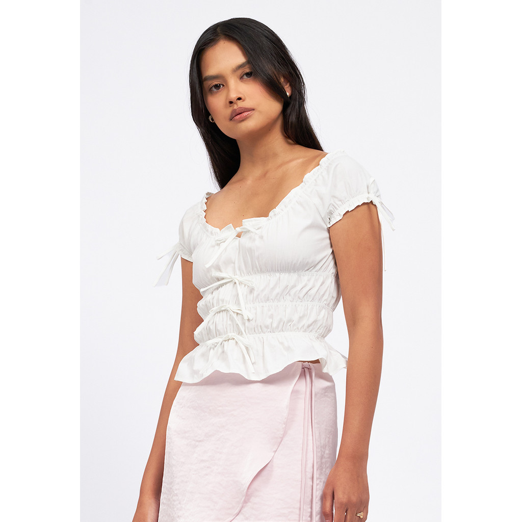 COLORBOX Puff Sleeves Ruched Top Off White