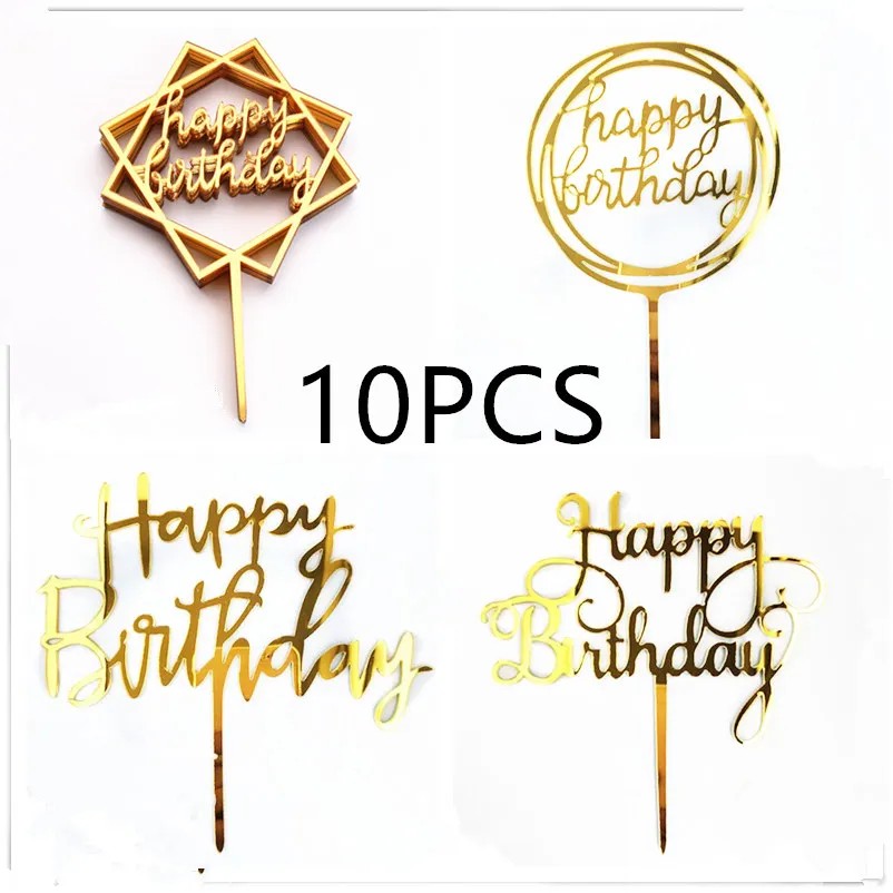 10 pcs Rose Gold Happy Birthday Insert Cake Decoration Inserts Silver Black Minimalist Design Cake