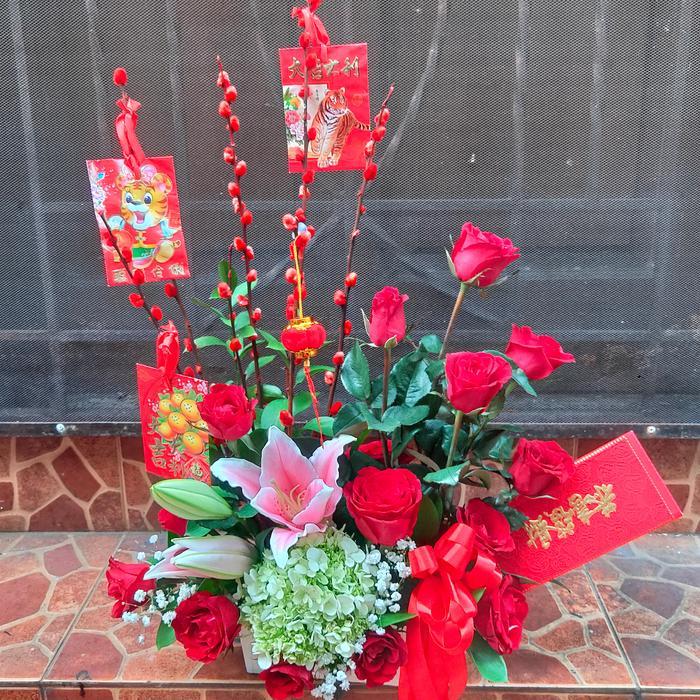 Bunga Imlek Bunga Asli Mawar Merah Lily Pussy Willow, Hadiah Imlek