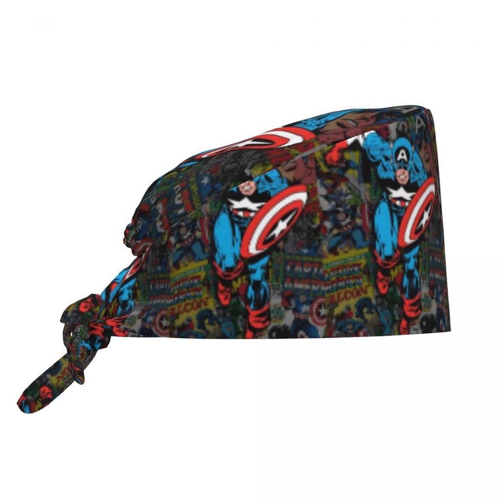 Custom Captain America Colorful Graffiti Breathable Scrub Hat Surgical Scrub Caps Nursing Hat Comics
