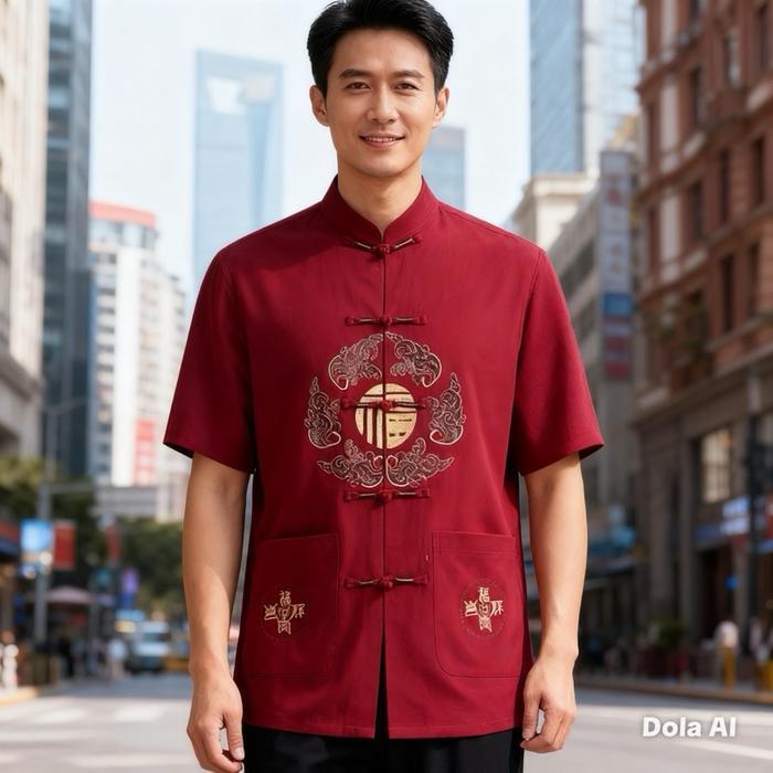 Chinese New Year Sale Baju Cheongsam Pria Baju Tradisional Kemeja Formal Baju Imlek Pria Bordir Koin