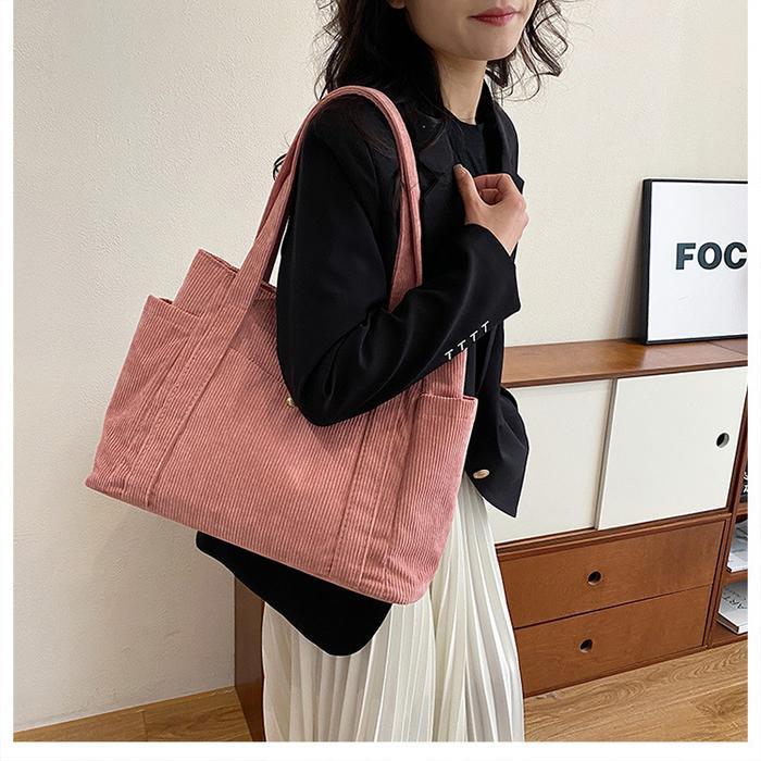 Hayden Soleil Bag Tote Bag Korduroi Polos Fashionable Wanita Korea Tas Jinjing Muat Laptop Elegan -