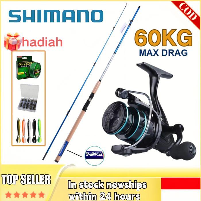 Shimano Set Pancing Lengkap Joran 2 Bagian Portable & Reel Berputar Cocok Pancing Laut Alat Umpan