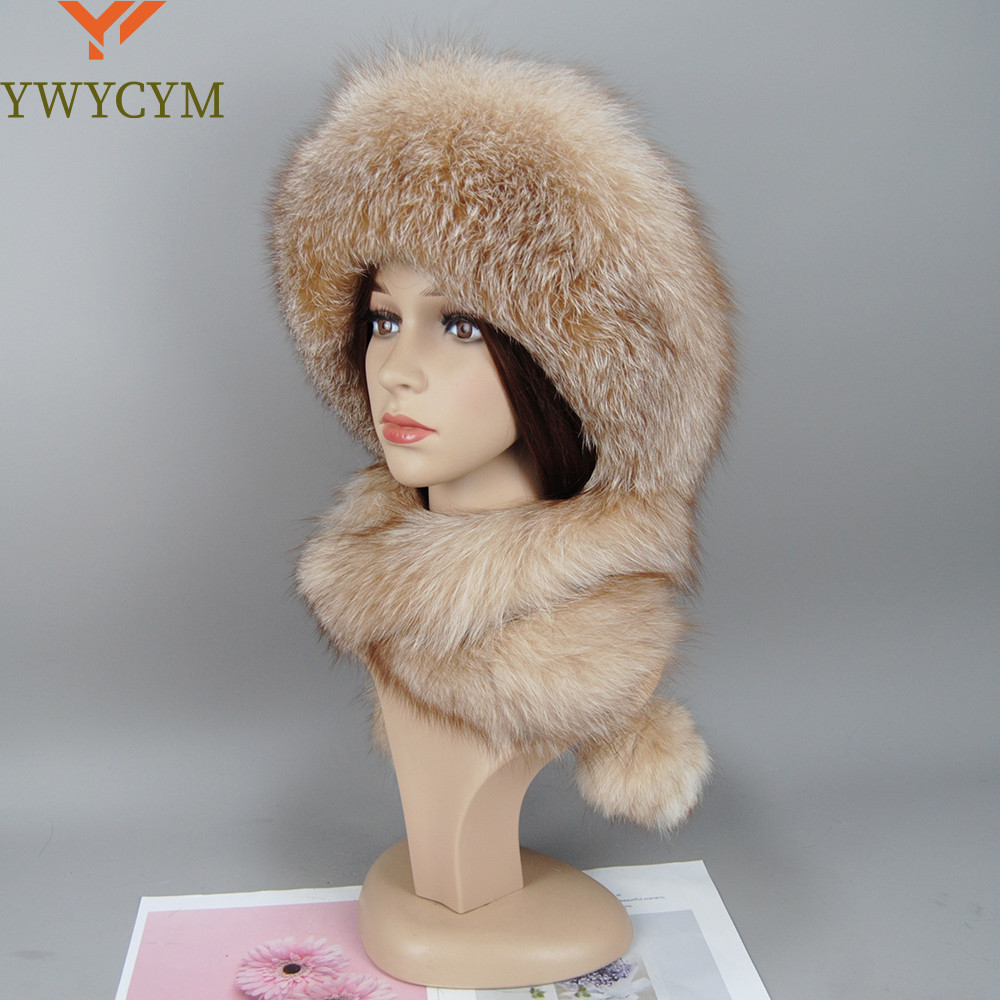 Women's Real Fox Fur Hat Scarf Mongolian Bomber Hat Ladies Winter Warm Fox Fur Earflap Caps Russia