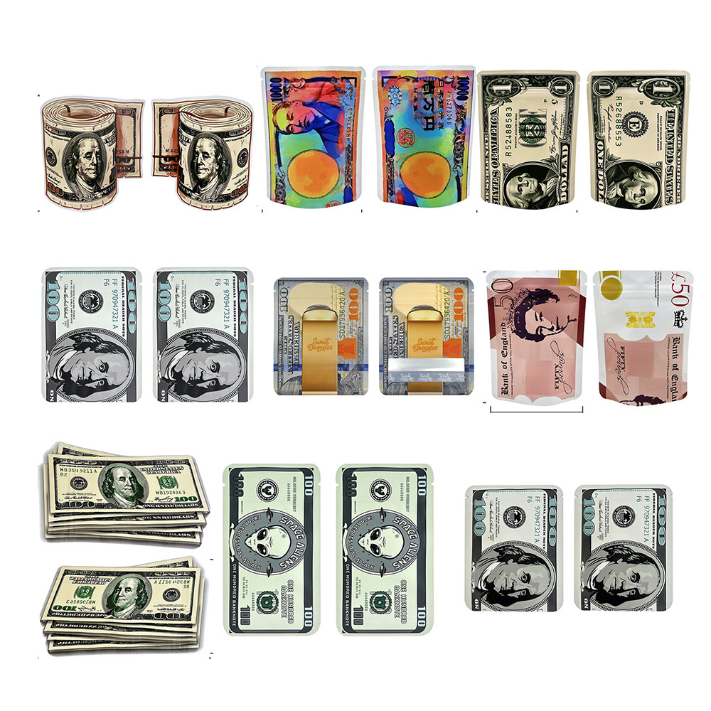 New Design Empty Mylar Bags 1g 3.5g Money Shape Stand up Packaging Pouch US USD Dollar Smell Proof