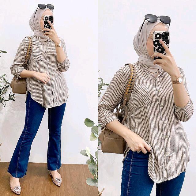 Atasan Wanita Salur Bahan Rayon Premium/Blouse Wanita Terbaru/Kemeja Rayon Premium / Kemeja Rayon