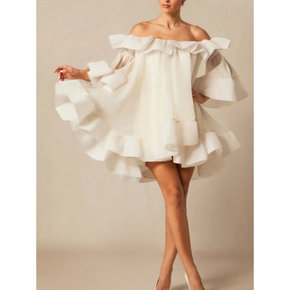 Bonboho Women's White Off-Shoulder Mini Dress Cascade Ruffle Sleeves High-Low Hem Pleated Party