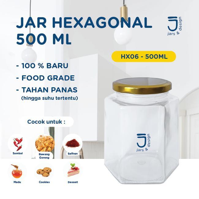 HX06 - Jar Kaca Hexagonal 500ml Tutup Emas / Jar Kaca Segi Enam 500ml Tutup Emas
