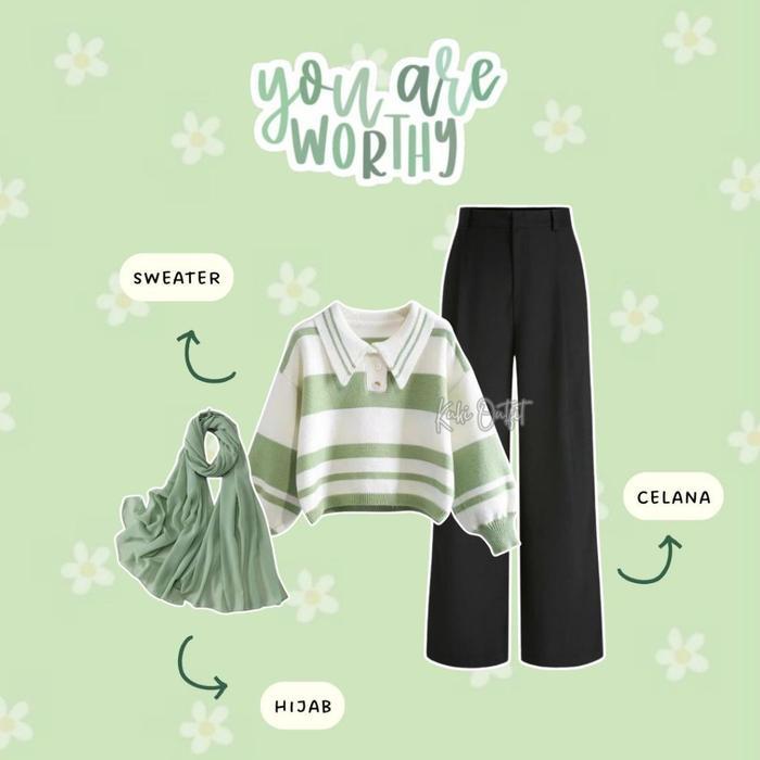 Kuki Outfit - One Set Korean Style Ootd (Sweater, Celana, Hijab) Setelan Wanita Kekinian Rajut