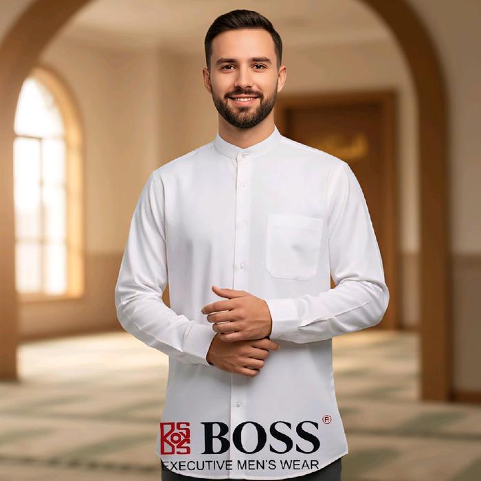 Boss Dijamin Ori Kemeja Boss Koko Regular Putih Corak Polos Lengan Panjang Dobby Katun Muslim Pria