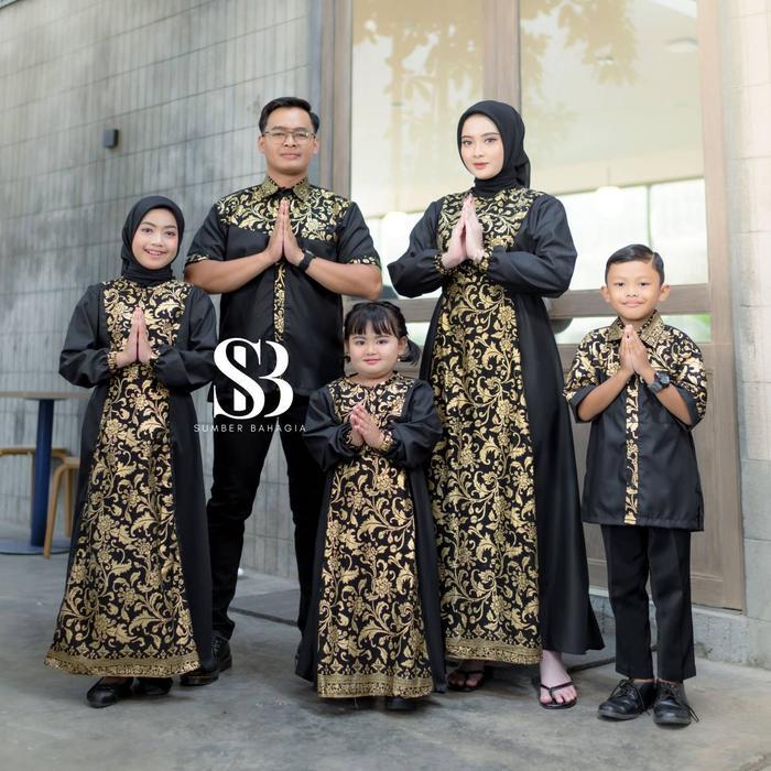 PREMIUM dijual satuan Couple Keluarga bahagia spesial hitam gold Gamis couple keluarga Baju Muslim