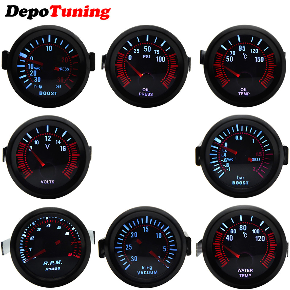 2" 52mm Smoke lens Boost Bar/PSI/Vacuum/Water temp/Oil temp/Oil pressure/Voltmeter/Tachometer RPM Ca