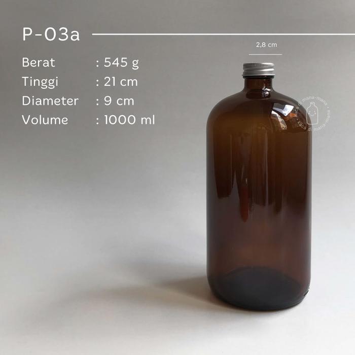 "New" Botol kaca 1000ml amber - botol juice kopi - Boston Round