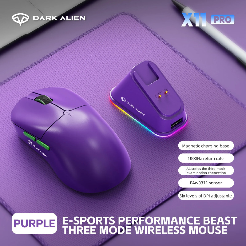 Dark Alien X11 Pro Wireless Mouse,Bluetooth/2.4G/Wired Tri-E Mouse ,Paw3311 Rgb Magnetic Charging