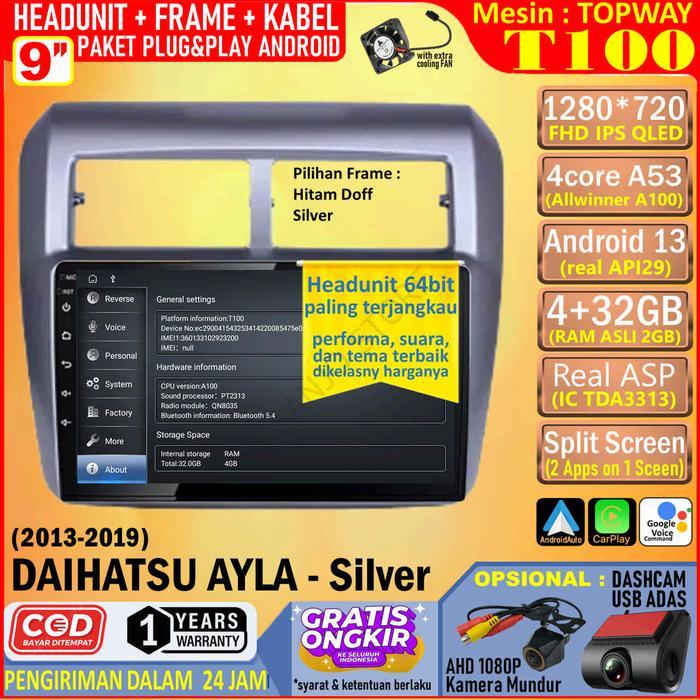 Ready Paket Headunit Android 9 inch + Frame + Soket PNP Daihatsu Ayla 2013 - Silver Topway T100 RAM