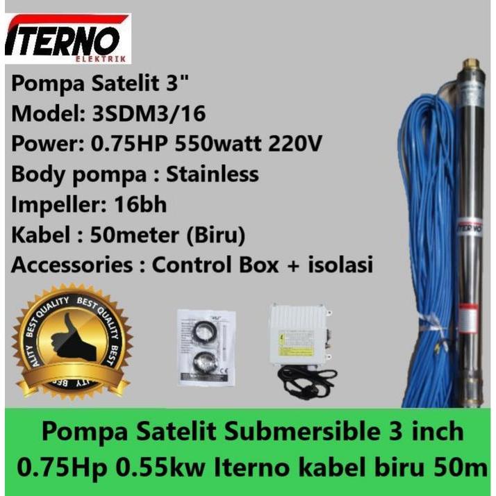 Pompa Satelit Submersible 3 Inch 0.75Hp 0.55Kw Iterno Kabel Biru 50M
