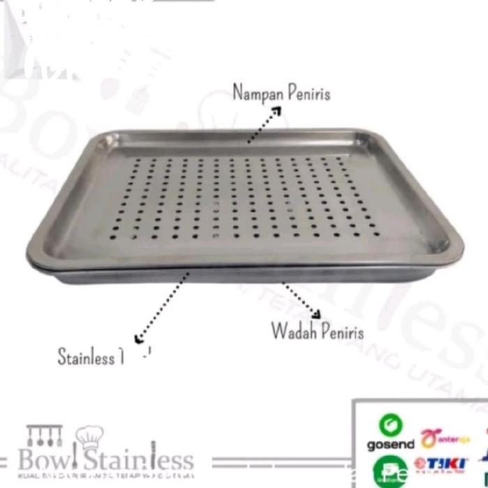 Set Nampan Baki Wadah Stainless Lubang Dan Peniris Medium Dengan Peniris Minyak - Buah Sayur Anti