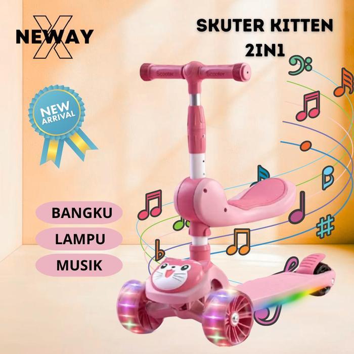 Newayx Skuter Mainan Anak Kucing Lucu 2 In 1 Scooter Lipat 2In1 Bangku Roda Tiga Lampu Musik Rem