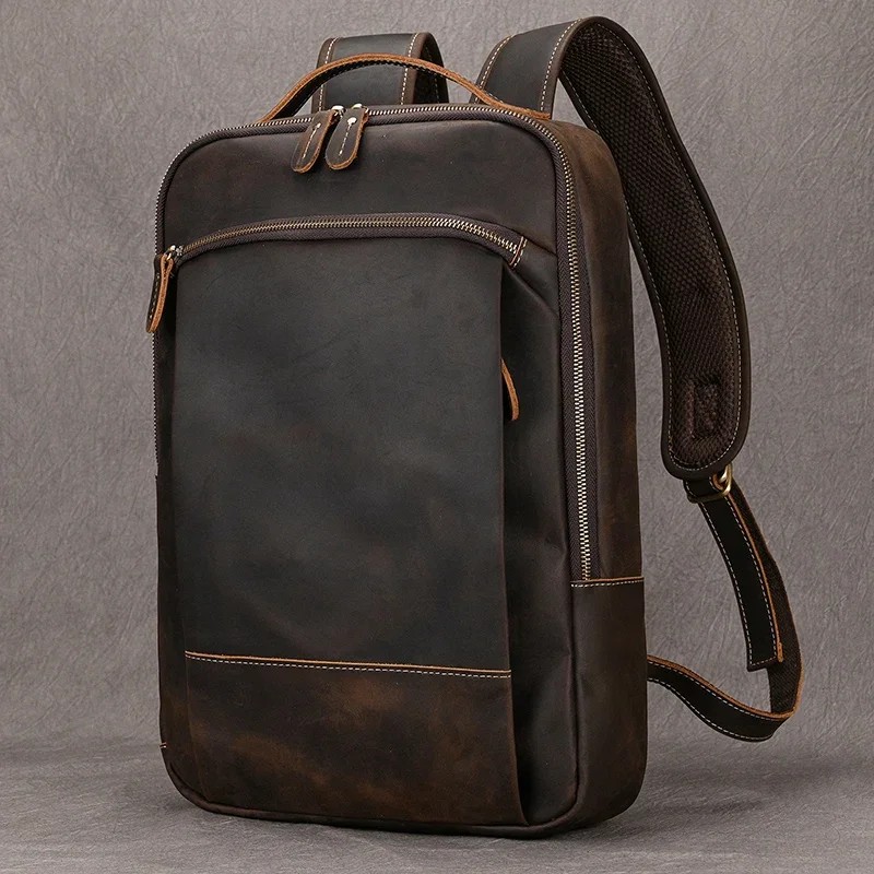 Vintage Men'S Crazy Horse Leather Backpack Genuine Leather Rucksack Large Classic Travel Backpack