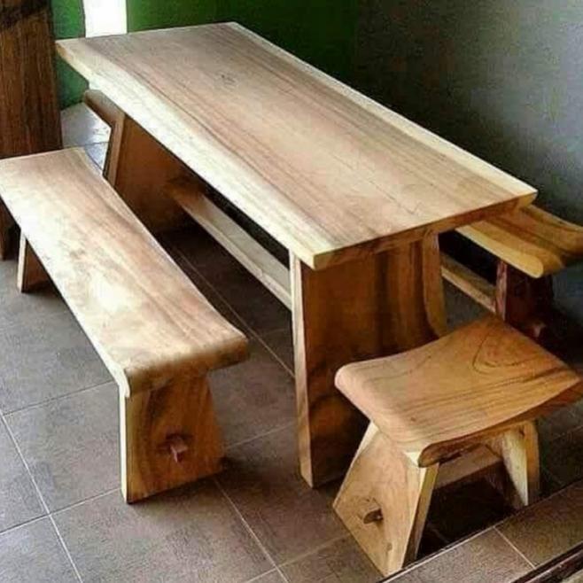 dining set meja makan kursi minimalis kayu trembesi Suar Solid A+ Furniture Bangku - Belum Finising,
