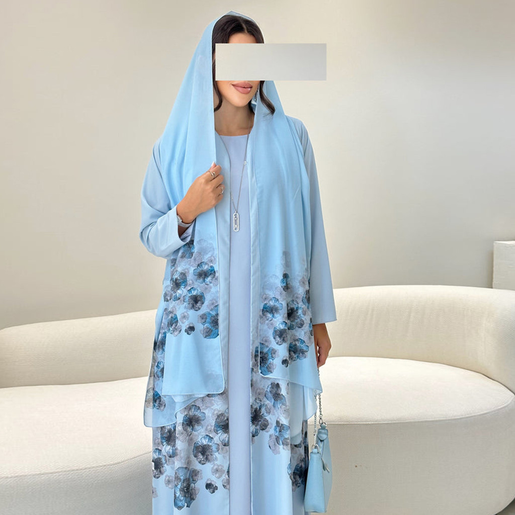 Eid Open Abaya Kimono Dubai Luxury Printed Chiffon Satin Cardigan Muslim Dress with Hijab Scarf Set