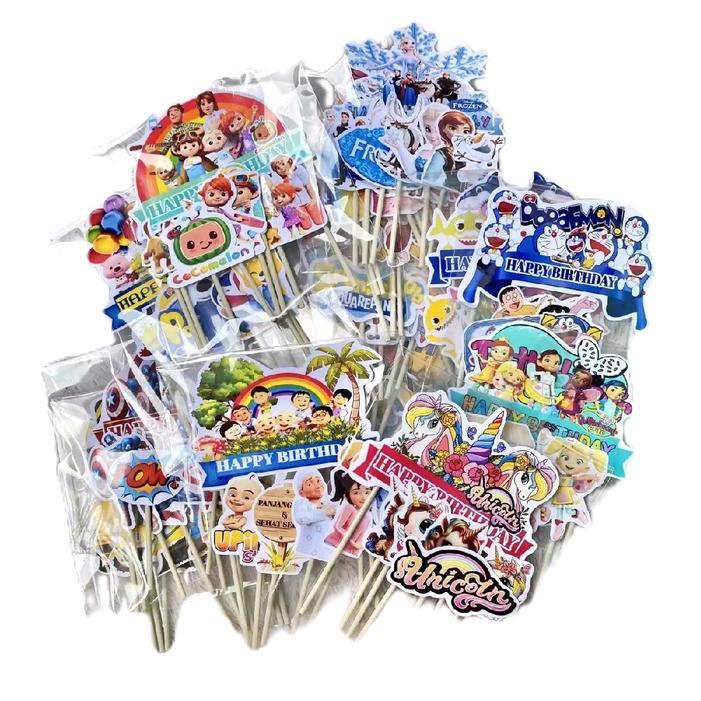 Set Topper Kue Ulang Tahun Karakter Cewek & Cowok 9-12pc Kertas Hiasan Cake - Pilihan Karakter